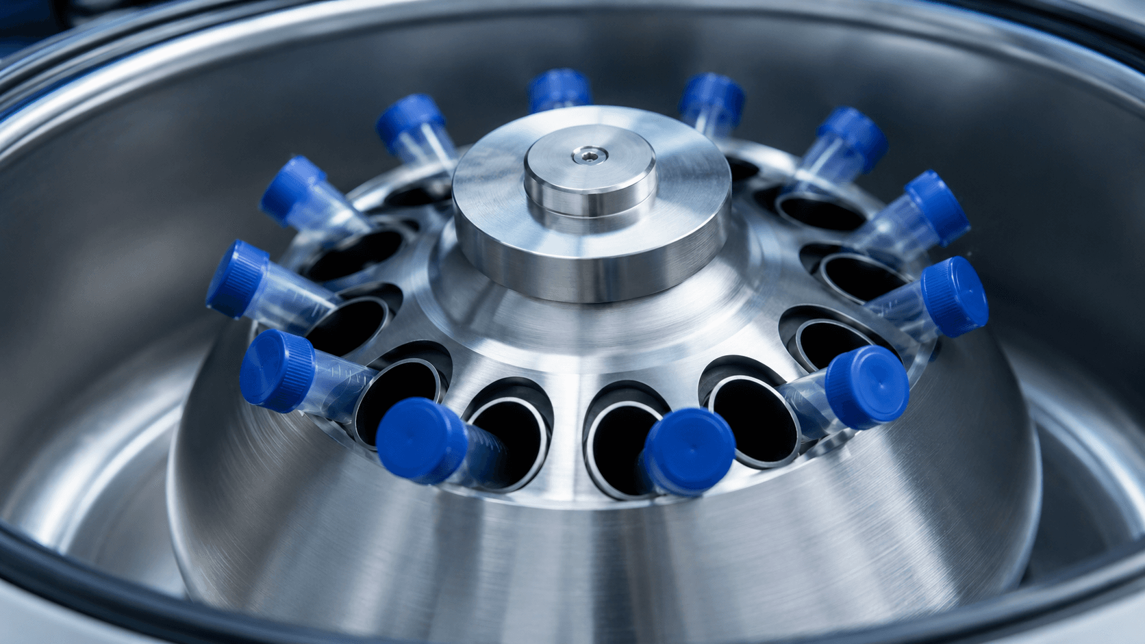 Närbild på en centrifugrotor med isatta provrör i en laboratoriecentrifug