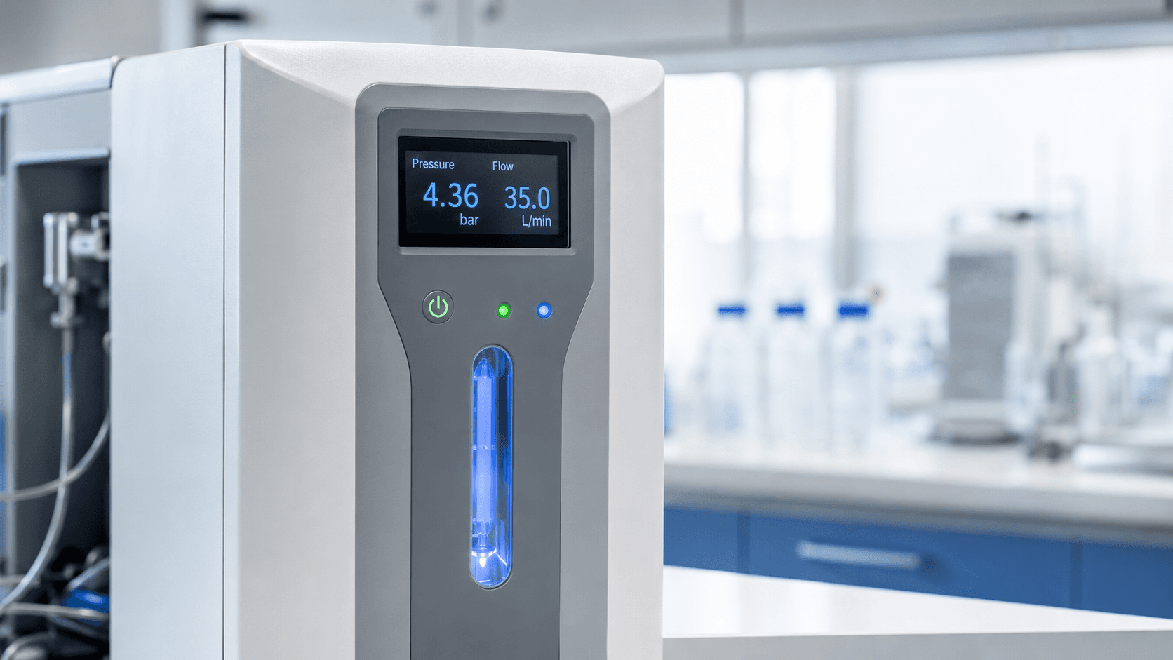 CO2-inkubator med öppen dörr och cellodlingsflaskor på hyllorna i ett biomedicinskt laboratorium