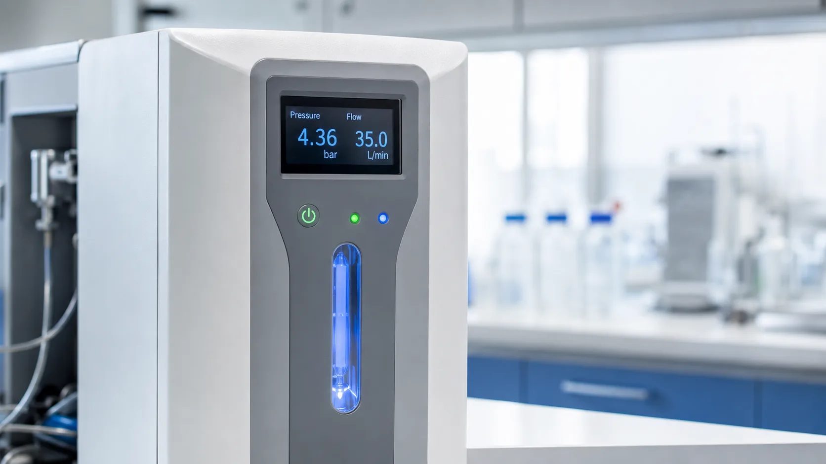 CO2-inkubator med öppen dörr och cellodlingsflaskor på hyllorna i ett biomedicinskt laboratorium