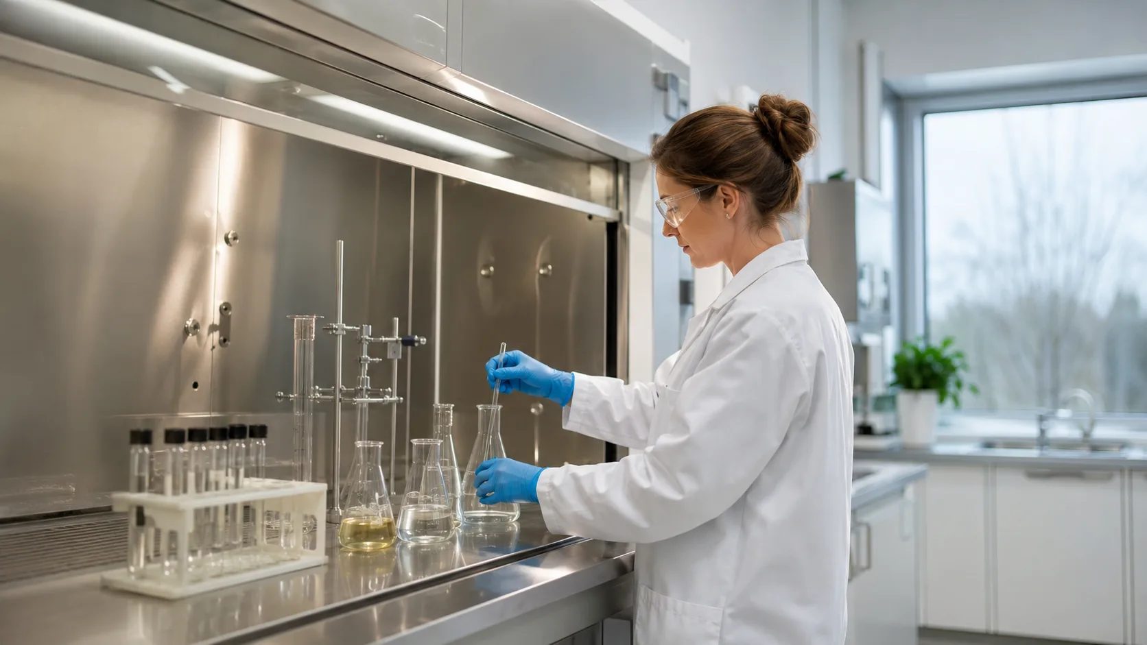 Laboratoriedragskåp med upphöjd lucka där en forskare i labbrock hanterar kemikalier i ett modernt laboratorium