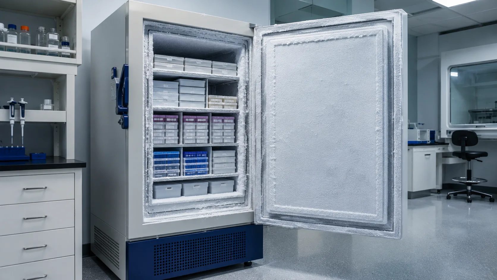 Ultralågtemperaturfrys (−86 °C ULT-frys) med öppen dörr och provlådor i ett laboratorium