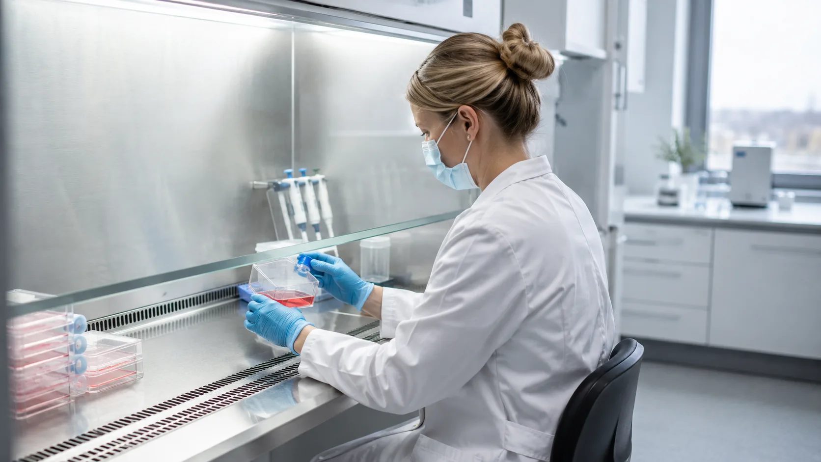 LAF-bänk med laminärt flöde där en laborant arbetar sterilt med cellodling i ett laboratorium