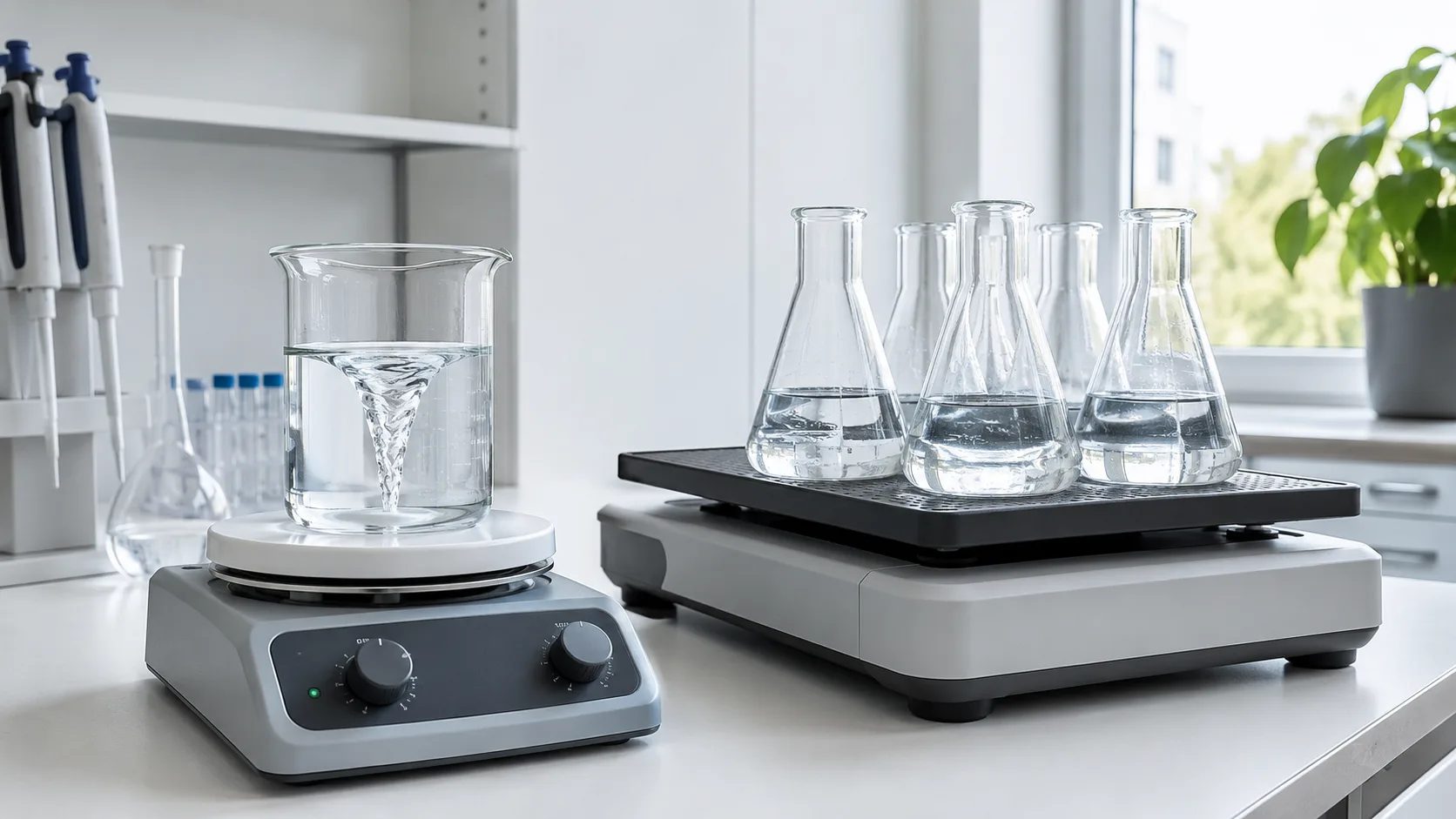 Magnetomrörare med värmeplatta och en orbitalskakare med kolvar på en laboratoriebänk